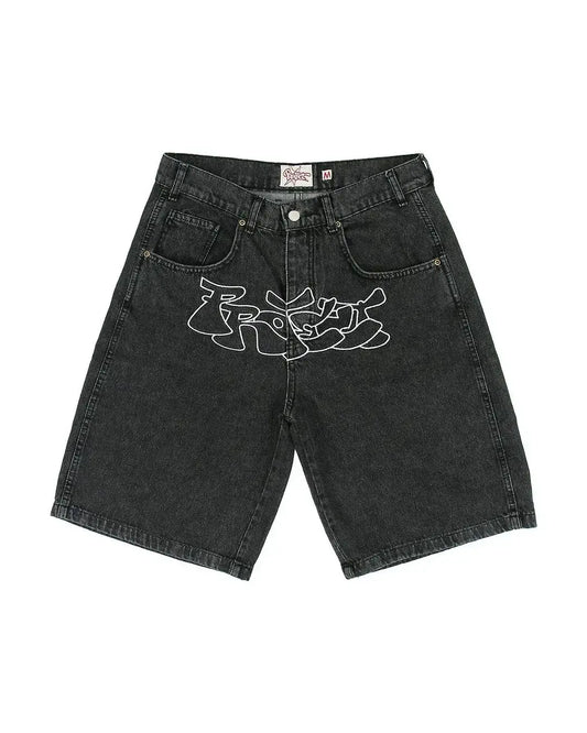 JORTS IWTH INDECIPHERABLE WRITING ON THE CROTCH - WHY GOD WHY MUST YOU ALLOW SUCH SIN!?